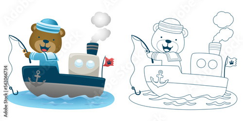 Vector illustration of cartoon bear in sailor costume fishing on ship. Coloring book or page for kids