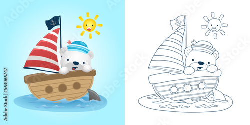 Vector illustration of cartoon polar bear on sailboat under shark attack. Coloring book or page for kids