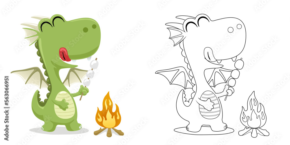 Obraz premium Vector illustration of cartoon funny dragon roasting meatballs. Coloring book or page for kids