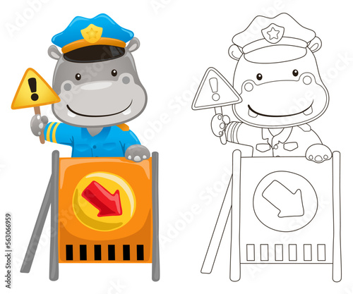 Vector illustration of cartoon hippo in police costume with traffic sign. Coloring book or page for kids
