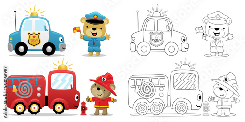 Tableau sur toile Vector illustration of cartoon bear in police and fireman costume with firetruck and police car