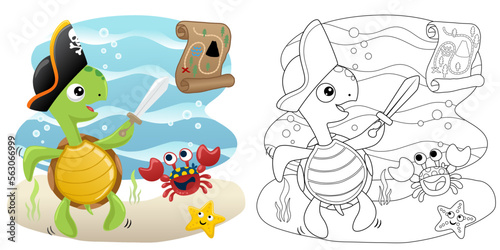 Vector illustration of cartoon marine animals, turtle and crab in pirate costume with starfish and treasure map undersea. Coloring book or page for kids