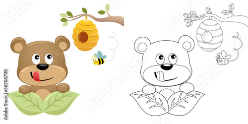 Vector illustration of cartoon funny bear hiding in leaves with beehive hanging on tree branches, flying bee protect it hive. Coloring book or page for kids