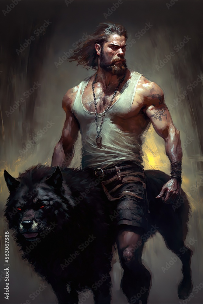  Portrait of a caucasian muscular macho man with his pet black wolf on the hunt together. Ai generative. Digital painting concept art. - obrazy, fototapety, plakaty 
