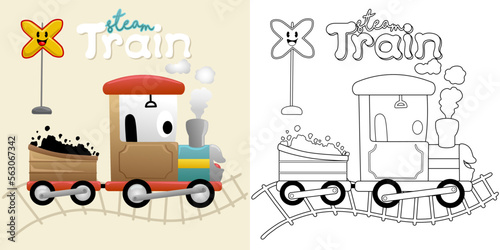 Vector illustration of cartoon steam train with railway sign. Coloring book or page for kids