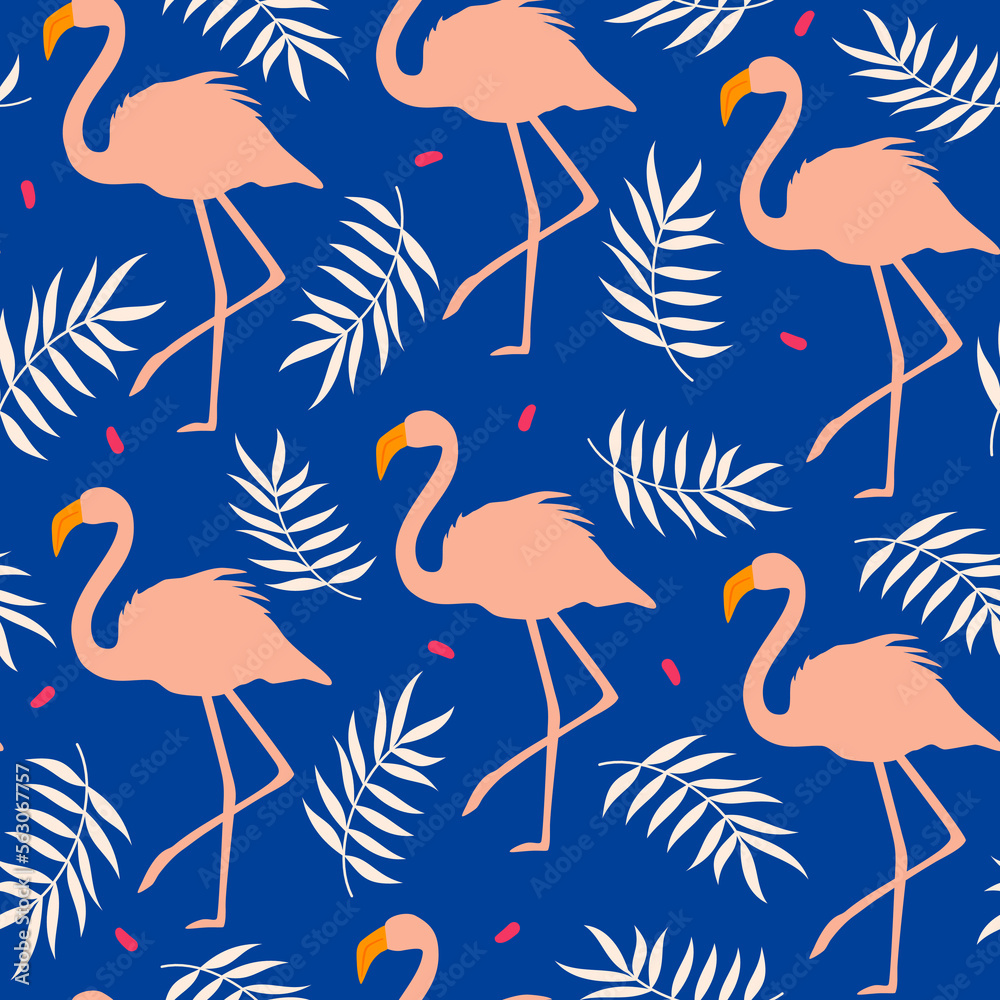 Fototapeta premium Cute colorful seamless vector pattern illustration with flamingos and leaves on blue background