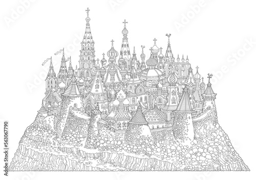 Vector cartoon fairy tale medieval Russian island castle town. Adults and children coloring book page