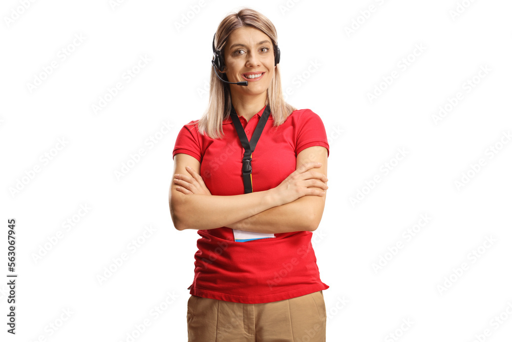Female dispatcher in a red t-shirt wearing a headset with hands free microphone and smiling Female dispatcher in a red t-shirt wearing a headset with hands free microphone and smiling
