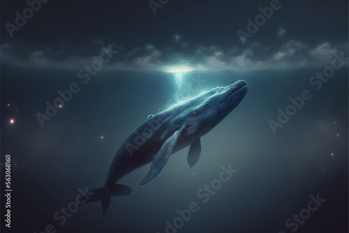 Whale with blue light flying in the night sky, digital art style, illustration painting © scorpius design