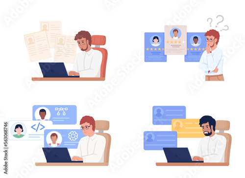 Recruiters comparing job candidates semi flat color vector characters set. Editable figures. Full body people on white. Simple cartoon style illustration pack for web graphic design and animation