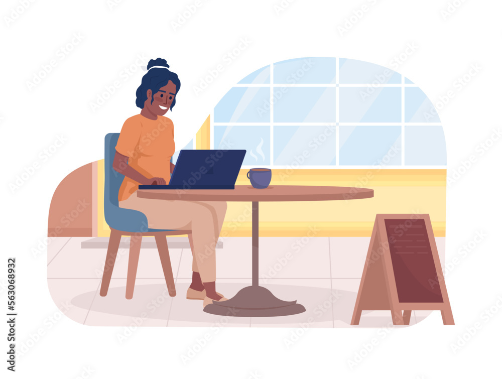 Working remotely on cafe terrace 2D vector isolated illustration. Woman sitting outside coffee shop flat character on cartoon background. Colorful editable scene for mobile, website, presentation