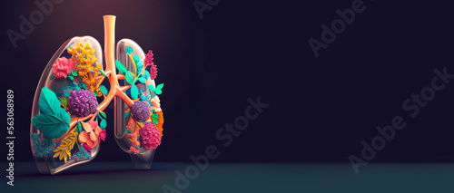 Color flowers glass shaped in human lungs with copy space on dark banner background, created with generative AI technology. World lung day or lung healthy concept.