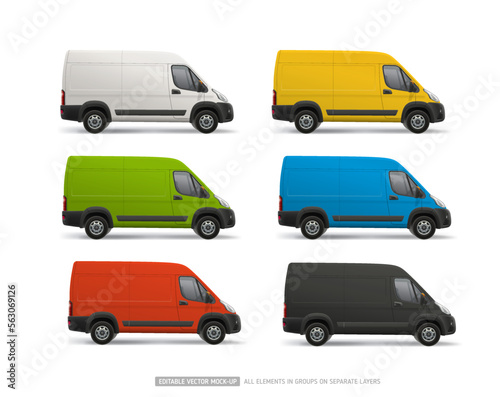 Side view Delivery Van realistic vector template set. White, red, yellow Van for Branding and promo advertising design. Black and blue Cargo Van isolated on white background