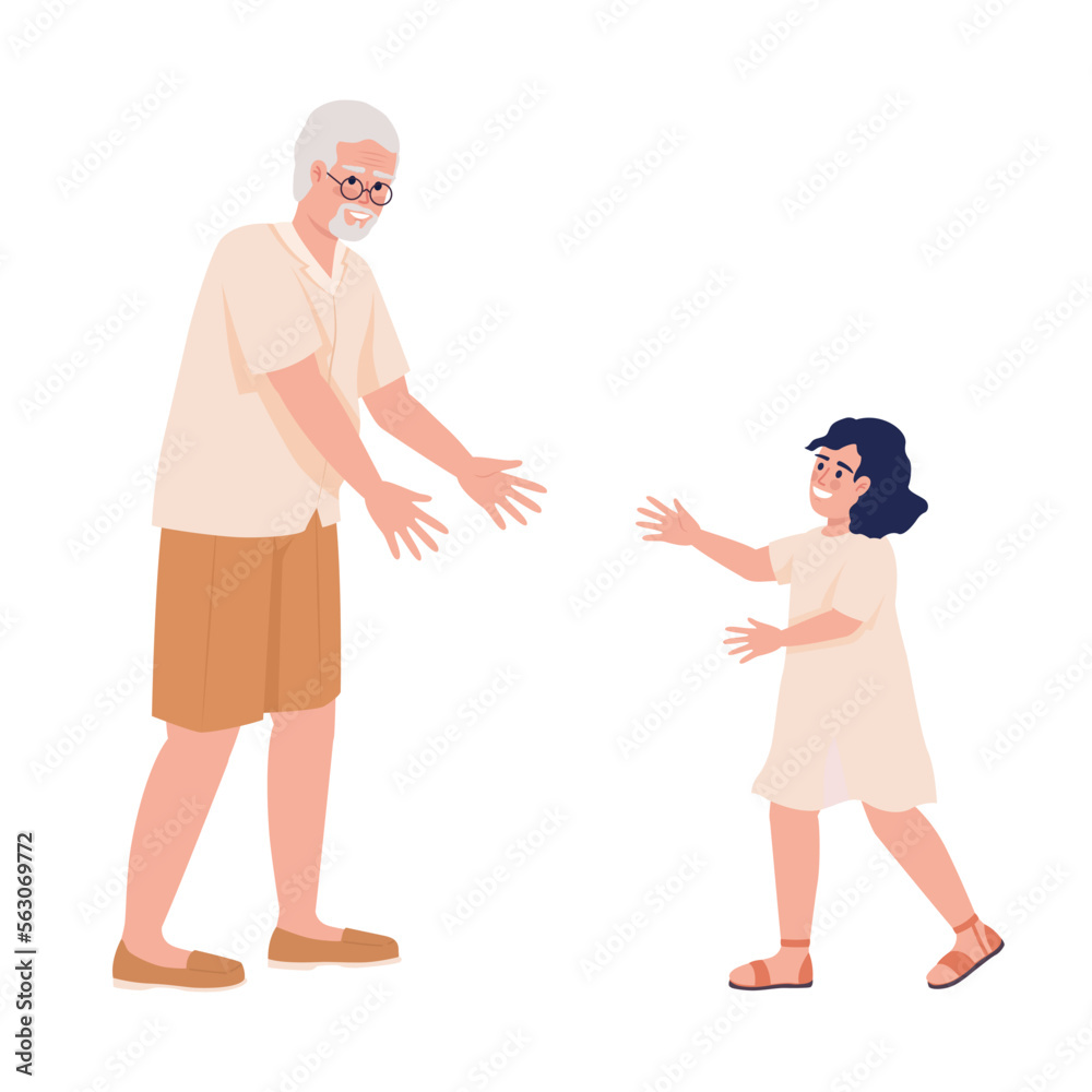 Grandpa extending hands to female child semi flat color vector characters. Editable figures. Full body people on white. Simple cartoon style illustration for web graphic design and animation Grandpa extending hands to female child semi flat color vector characters. Editable figures. Full body people on white. Simple cartoon style illustration for web graphic design and animation