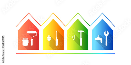 Repair, renovation, maintenance or facility management concept with house and work tools. Icon set: paint roller, screwdriver, hammer, wrench tool icons. Home in red, yellow, green and blue colors. 