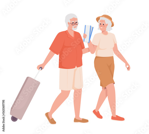 Older couple going on vacation abroad semi flat color vector characters. Editable figures. Full body people on white. Simple cartoon style illustration for web graphic design and animation