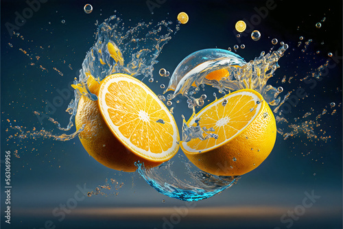Concepto de comida y bebida sana. Diseño artístico con limones cortados. Explosión de zumo y salpicadura de agua. Ai generado. photo