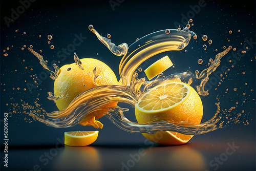 Concepto de comida y bebida sana. Diseño artístico con limones cortados. Explosión de zumo y salpicadura de agua. Ai generado.