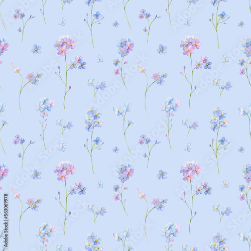 Spring floral seamless pattern. Forget-me-not watercolor digital paper.