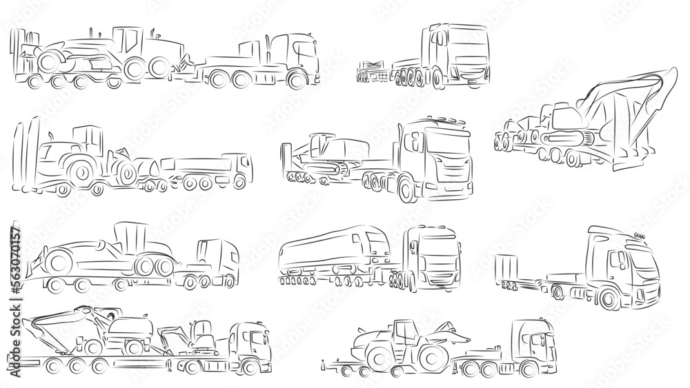 10 Tieflader LKW Vektor Zeichnungen Lineart | Low loader Trucks vector