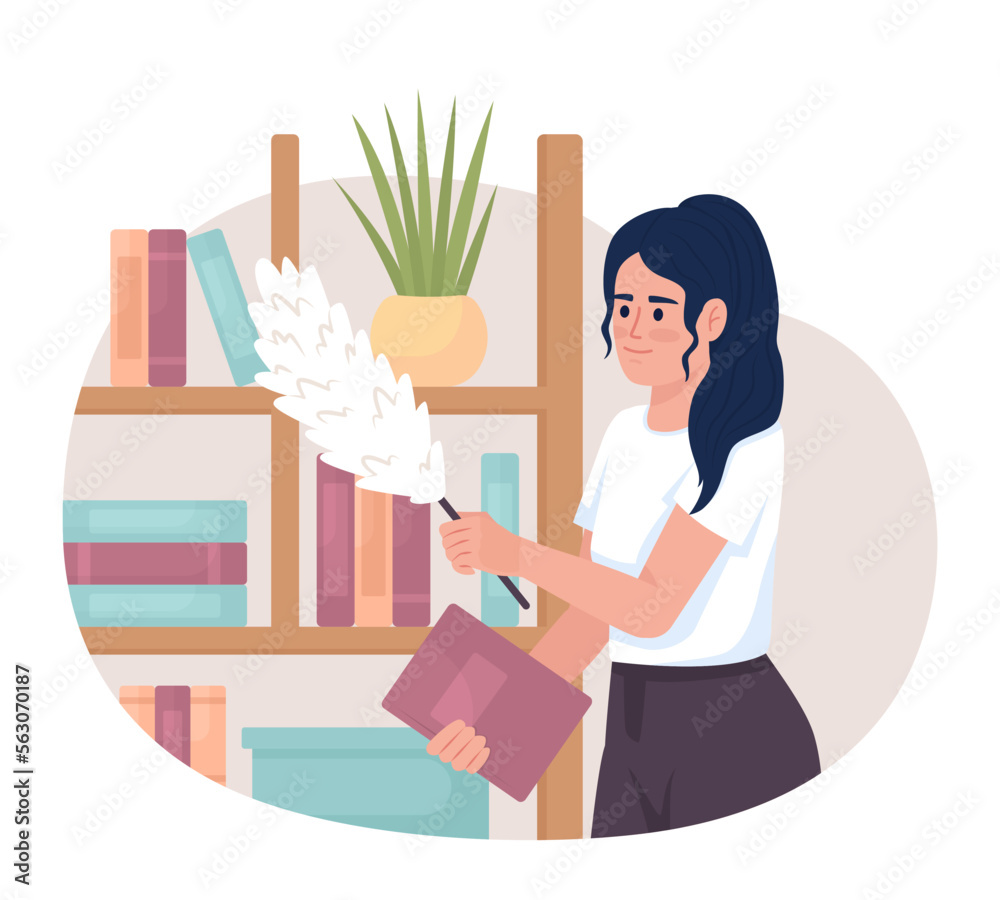 Cleaning dust from bookshelves and books 2D vector isolated illustration. Girl doing household chore flat character on cartoon background. Colorful editable scene for mobile, website, presentation Cleaning dust from bookshelves and books 2D vector isolated illustration. Girl doing household chore flat character on cartoon background. Colorful editable scene for mobile, website, presentation