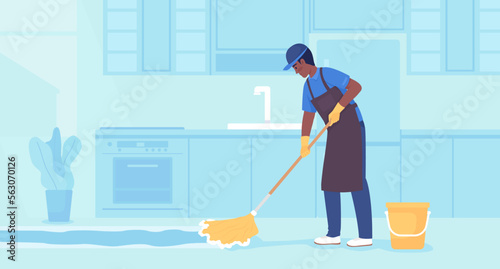 Maintaining commercial kitchen flooring flat color vector illustration. Janitor in apron cleaning surface with mop. Fully editable 2D simple cartoon character with light blue interior on background