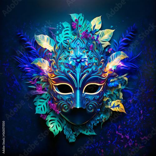 Diseño de carteles para eventos musicales o carnaval. Fondo colorido de máscaras modernas ornamentadas con motivos florales y vegetación. Luces de neón sobre fondo oscuro.