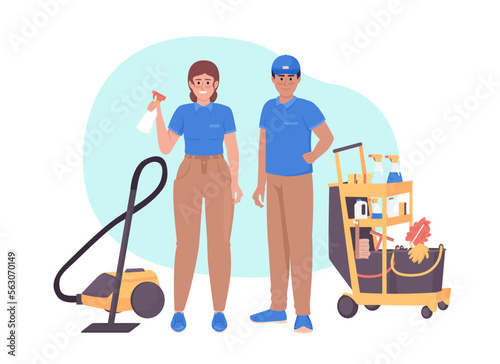 Professional janitors with cleaning equipment 2D vector isolated illustration. Housekeepers flat characters on cartoon background. Colorful editable scene for mobile, website, presentation
