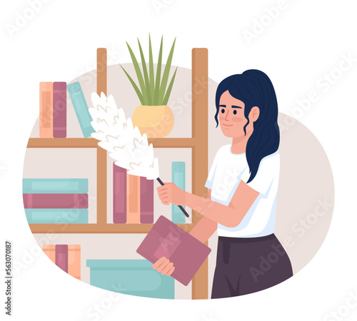 Cleaning dust from bookshelves and books 2D vector isolated illustration. Girl doing household chore flat character on cartoon background. Colorful editable scene for mobile, website, presentation
