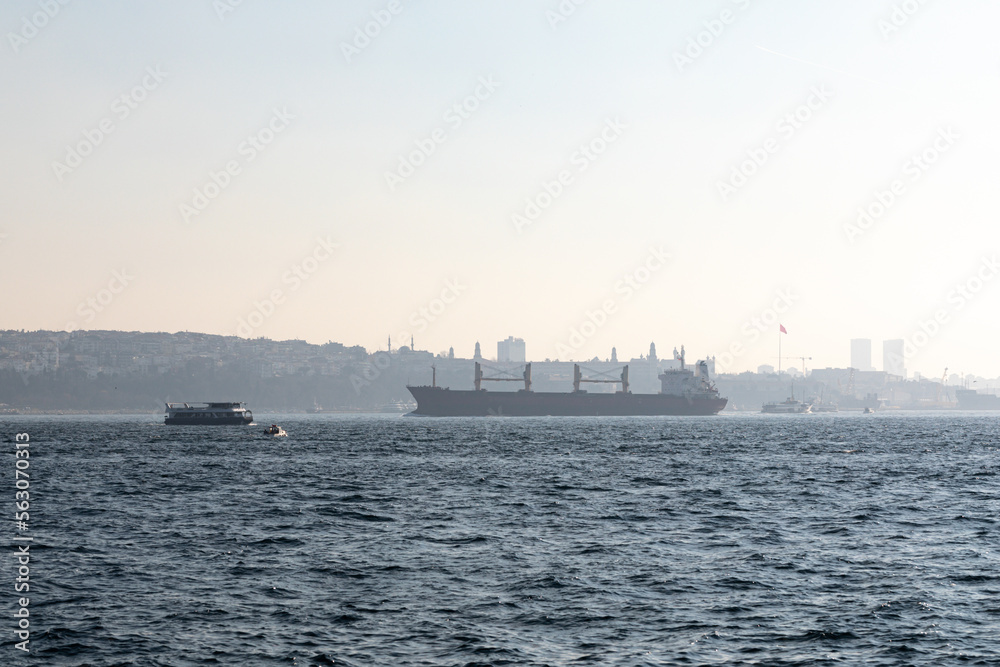 Ships on the Bosphorus with the Istanbul cityscape on the backdrop.