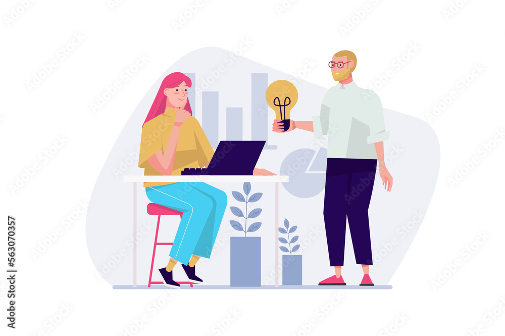 Business solution concept with people scene in the flat cartoon design. Employee offers business manager a solution that will help improve the company's work.