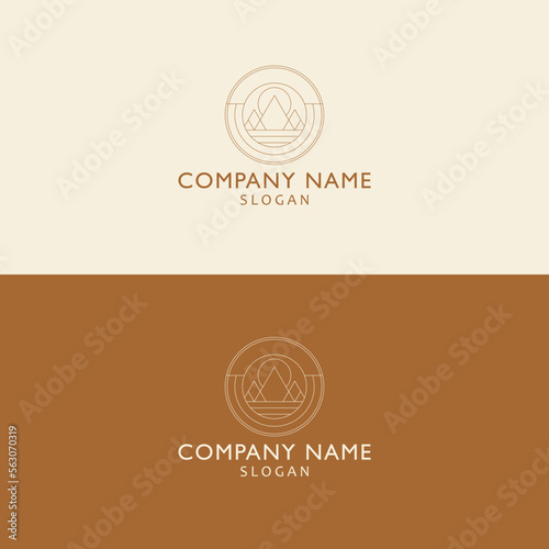 Mountains and sun logo design. Minimalist tourism and hiking vector logo. Camping logo template design - adventure wildlife sunny day design