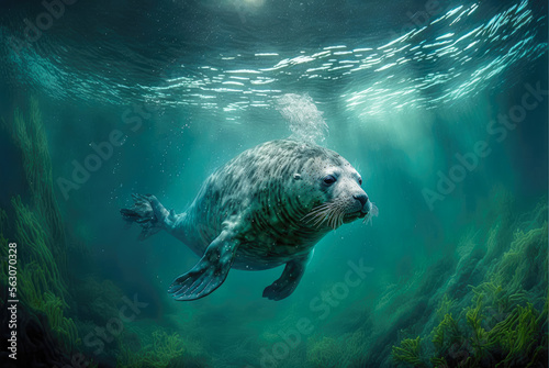 Sea Lion swimming underwater - Digital Painting - Generative AI © Florian
