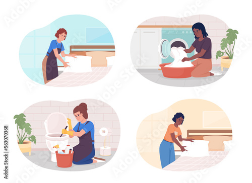 Hotel housekeeping duties 2D vector isolated illustration set. Bed making. Cleaning toilet. Maids flat characters on cartoon background. Colorful editable scene pack for mobile, website, presentation