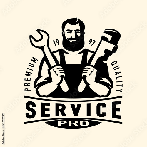 Construction service, building emblem or logo. Builder with tools symbol. Vector illustration