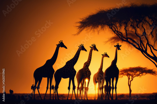 giraffes in the savanna at a sunset. Generative AI