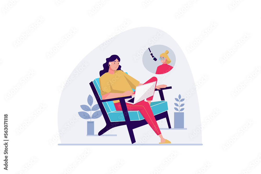 Podcast concept with people scene in the flat cartoon design. Woman records a podcast for the radio broadcast while sitting at home.