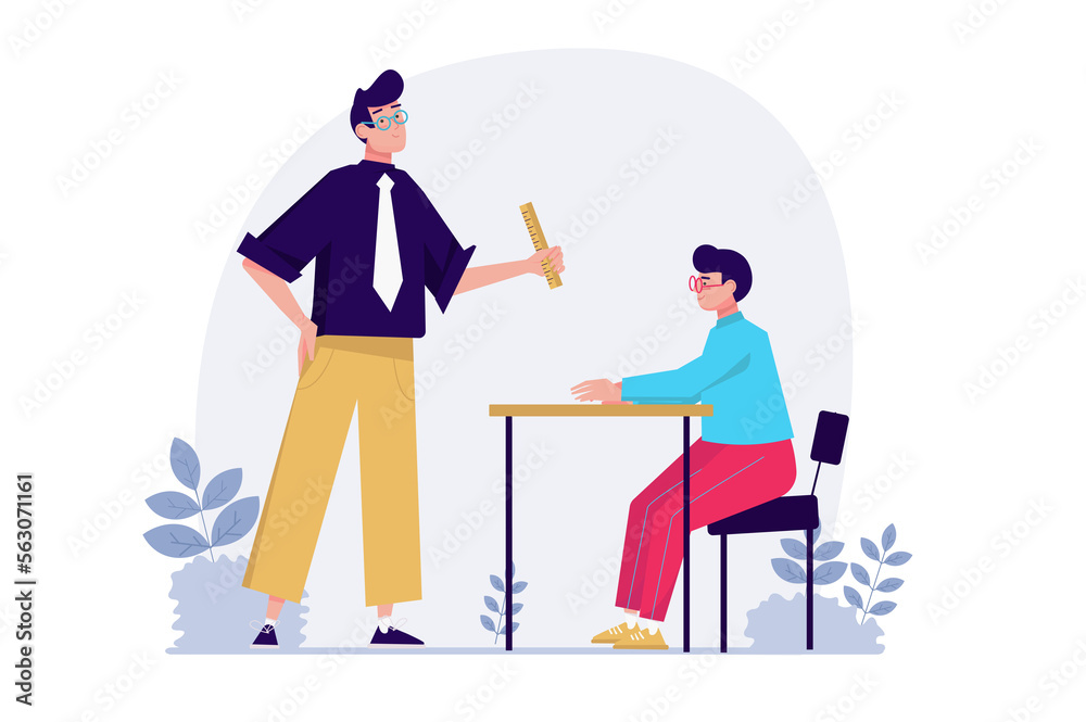 Back to school concept with people scene in the flat cartoon design. Teacher conducts the first lesson for the students after the summer vacation. Back to school concept with people scene in the flat cartoon design. Teacher conducts the first lesson for the students after the summer vacation.