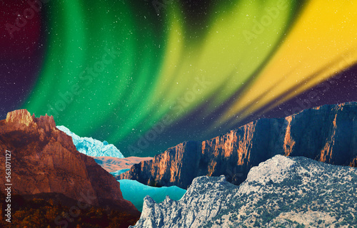 Beautiful surreal matte painting landscape Mountains in nordic mood Northern polar lights night
