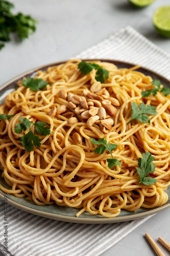 Homemade Asian Peanut Sauce Noodles on a Plate, side view. Homemade Asian Peanut Sauce Noodles on a Plate, side view.