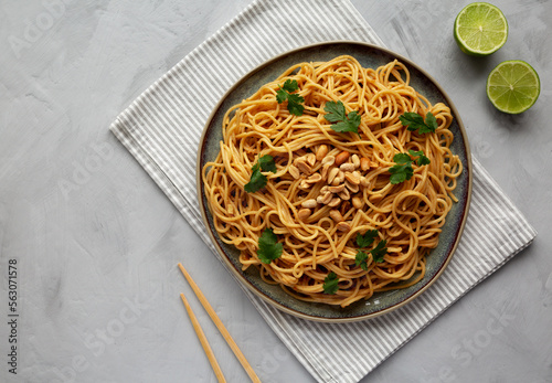 Homemade Asian Peanut Sauce Noodles on a Plate, top view. Flat lay, overhead, from above.