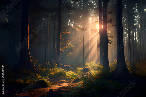 Beautiful nature woodland scene and sun rays hitting the dark trees