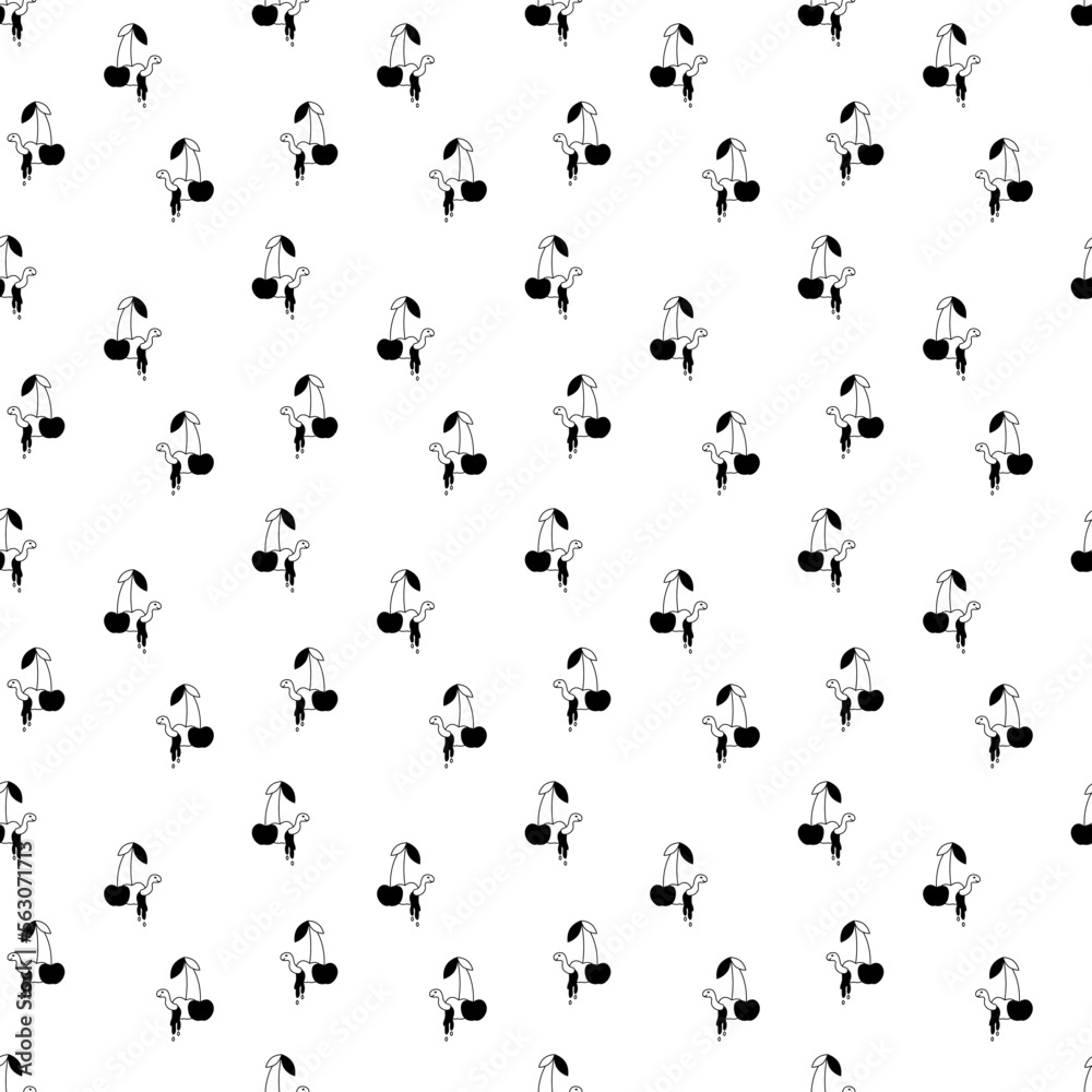 Tattoo cherry with worm pattern in the style of the 90s, 2000s. Black and white seamless pattern illustration. Tattoo cherry with worm pattern in the style of the 90s, 2000s. Black and white seamless pattern illustration.
