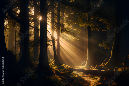 Beautiful nature woodland scene and sun rays hitting the dark trees