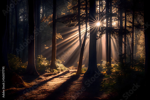 Beautiful nature woodland scene and sun rays hitting the dark trees