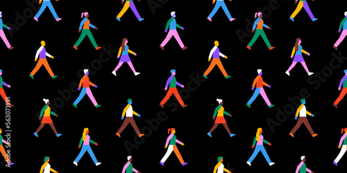 Diverse colorful people group walking together seamless pattern illustration. Rainbow color character crowd background for friendship or team work concept. Different ethnic culture wallpaper texture.