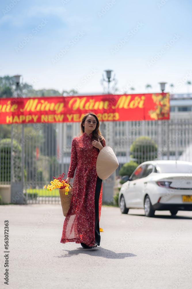 Fototapeta premium Vietnamese girl with Ao Dai dress walking outside Independence Palace, Ho Chi Minh city, Vietnam. Ao dai is famous traditional costume for woman. Text in photo mean Happy New Year.