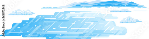 Mountain lake frozen in winter, winter landscape flat illustration in sample geometric shapes, frozen mountain lake isolated