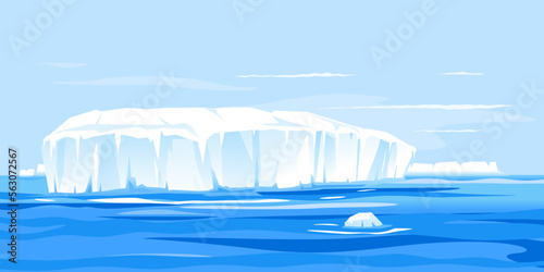 One giant iceberg in ocean landscape illustration, global warming concept illustration, iceberg drifts into the sea, large iceberg broke away
