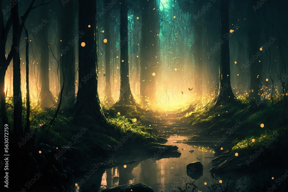 Naklejka premium Magical fantasy fairy tale scenery, night in a forest ,made with Generative AI